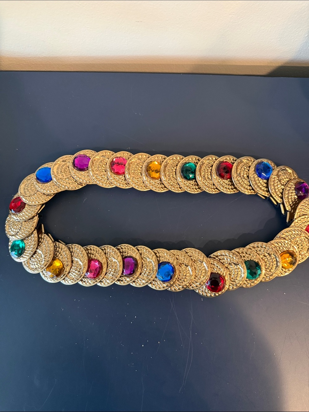 Vintage 80s Jeweled Chain Belt With Colorful Gem Cabochons Stretchy